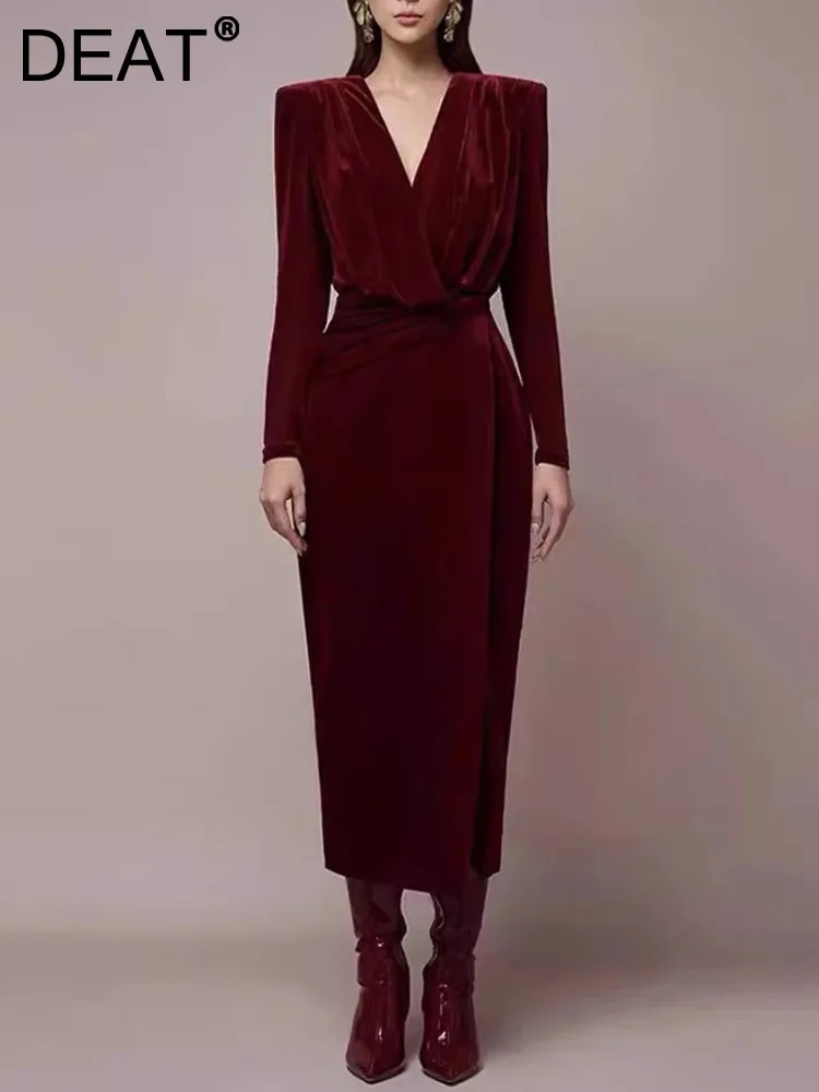 DEAT 2024 Autumn Women's Fashion Evening Dress Shoulder Pad Velvet Cross High Split Slim V-Neck Waist Dresses New Tide 13DB7079
DEAT 2024 Autumn Women's Fashion Evening Dress Shoulder Pad Velvet Cross High Split Slim V-Neck Waist Dresses New Tide 13DB7079