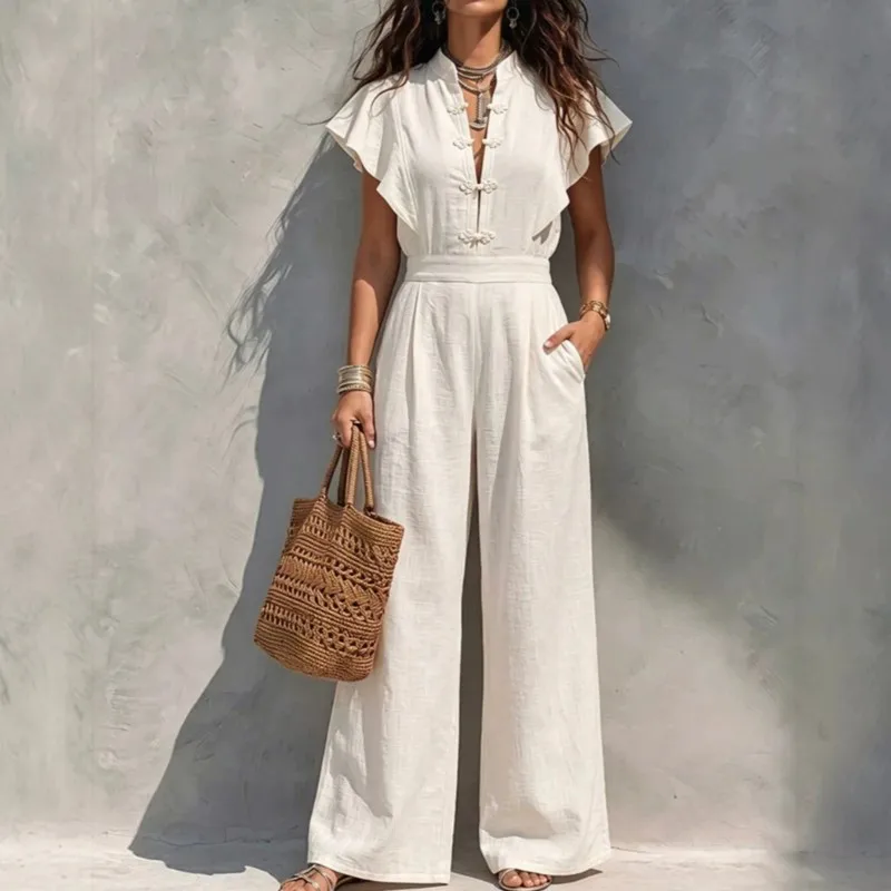 2026 New Summer Women's Jumpsuit With Ruffle Sleeves Fashionable And Comfortable Solid Color Simple Retro And Versatile Jumpsuit
2026 New Summer Women's Jumpsuit With Ruffle Sleeves Fashionable And Comfortable Solid Color Simple Retro And Versatile Jumpsuit