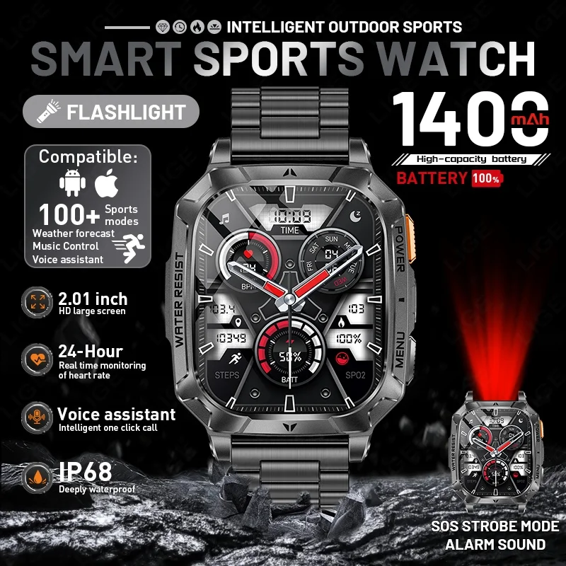 LIGE 2026 New Military 1400 mAh Big Battery Smart Watch Men IP68 Waterproof LED Flashlight Health Monitor Call Sports Smartwatch
LIGE 2026 New Military 1400 mAh Big Battery Smart Watch Men IP68 Waterproof LED Flashlight Health Monitor Call Sports Smartwatch