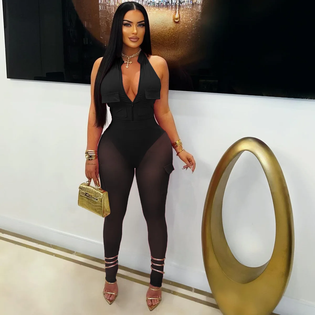 Women Solid Pockets Cargo 2 Piece Set Sleeveless Front Zipper Halter Backless Bodysuits Tops High Waist Mesh Pants Fashion Suits
Women Solid Pockets Cargo 2 Piece Set Sleeveless Front Zipper Halter Backless Bodysuits Tops High Waist Mesh Pants Fashion Suits