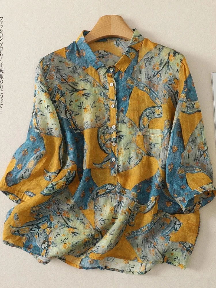 Retro Artistic Floral Cotton Linen Short Sleeve Women's Shirt Summer Unique Design Anti-Aging Mommy's Top Loose Fit Collar
Retro Artistic Floral Cotton Linen Short Sleeve Women's Shirt Summer Unique Design Anti-Aging Mommy's Top Loose Fit Collar