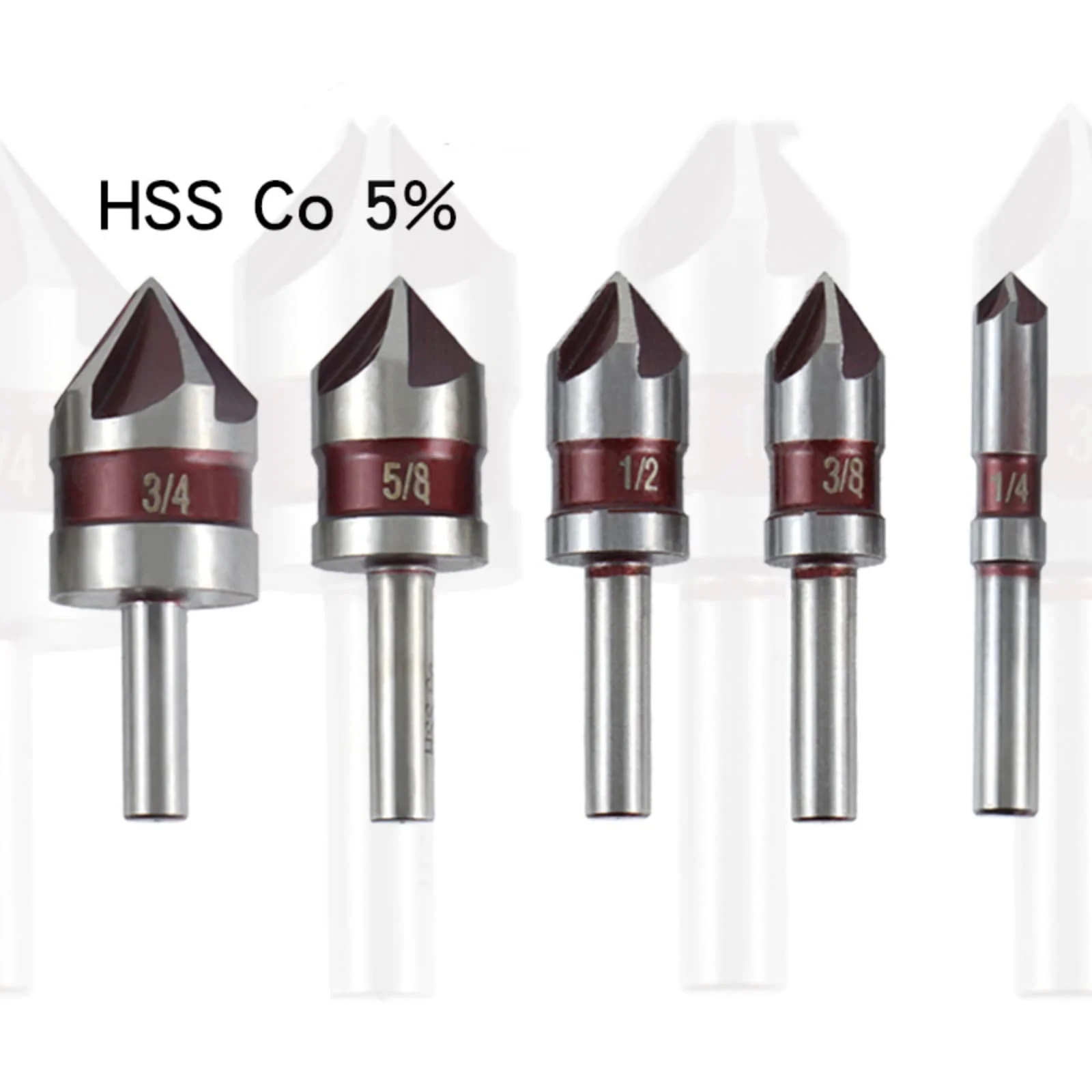 Set of 5 Round Shank Five Flute Chamfer Drill Bits M35 Cobalt Steel Suitable for Stainless Steel and Other Tough Materials
Set of 5 Round Shank Five Flute Chamfer Drill Bits M35 Cobalt Steel Suitable for Stainless Steel and Other Tough Materials