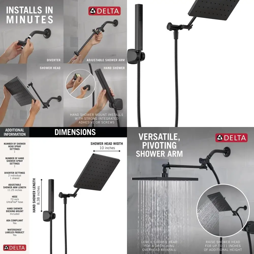Matte Black 1.75 GPM Modern Rain Shower Head & Handheld Combo with Adjustable Arm and Touch-Clean Nozzles
Matte Black 1.75 GPM Modern Rain Shower Head & Handheld Combo with Adjustable Arm and Touch-Clean Nozzles
