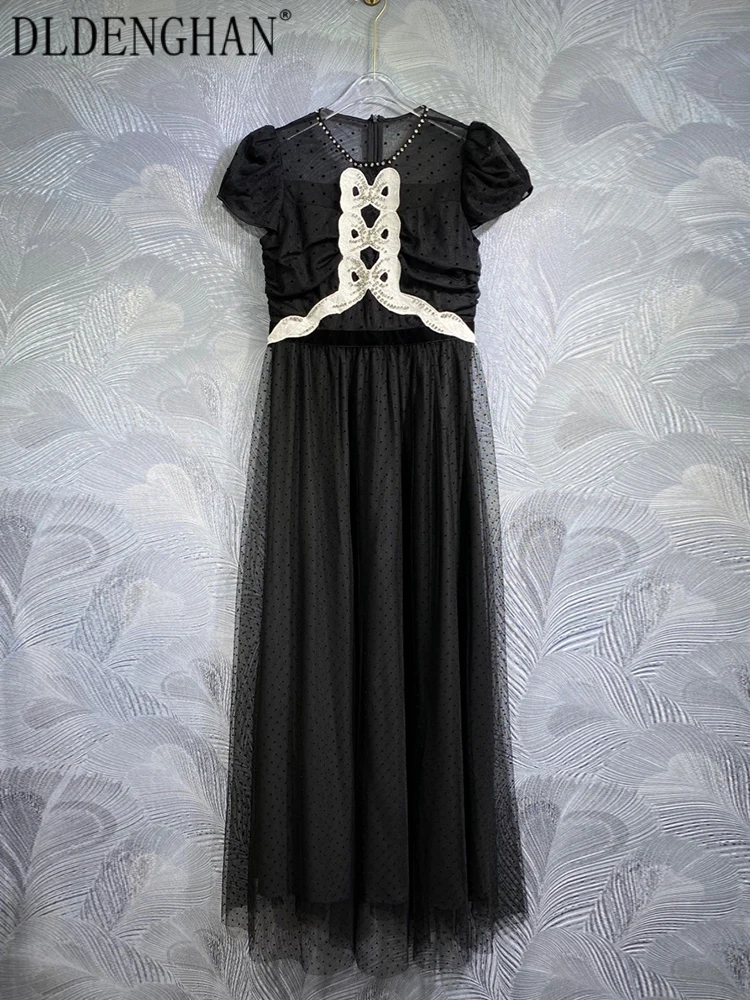 DLDENGHAN Summer Black Dot Mesh Dress Women's O-Neck Short Sleeve Diamonds Vintage Party Long Dresses Fashion Designer New
DLDENGHAN Summer Black Dot Mesh Dress Women's O-Neck Short Sleeve Diamonds Vintage Party Long Dresses Fashion Designer New