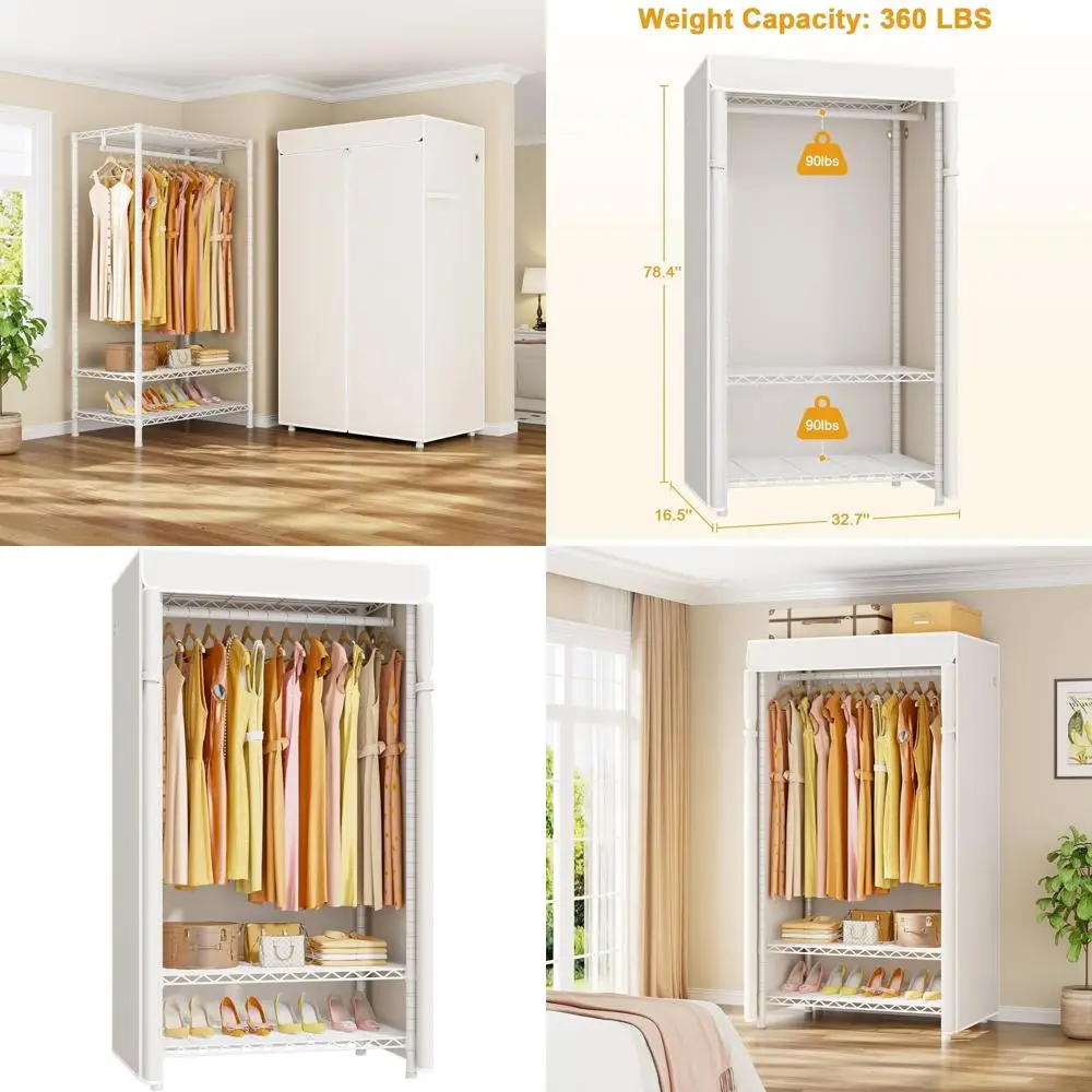 Portable Heavy-Duty White Clothes Rack with Cover and Shelves, Holds Up to 360LBS
Portable Heavy-Duty White Clothes Rack with Cover and Shelves, Holds Up to 360LBS
