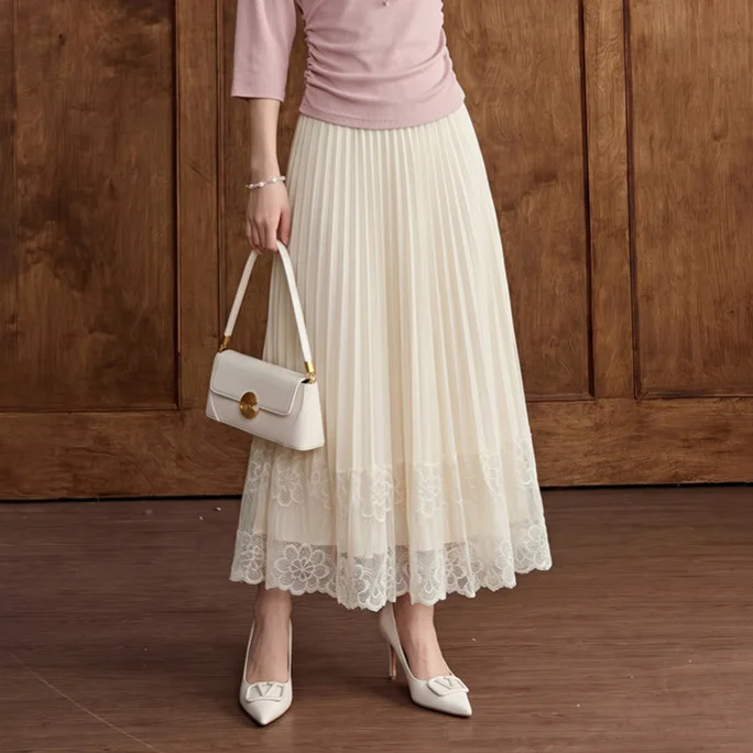 Elegance Dual-wear Beige Chiffon Pleated Midi Skirt Lace Hem High-waist A-line Flowy Skirt For Women Office Commuted Dated Wear
Elegance Dual-wear Beige Chiffon Pleated Midi Skirt Lace Hem High-waist A-line Flowy Skirt For Women Office Commuted Dated Wear