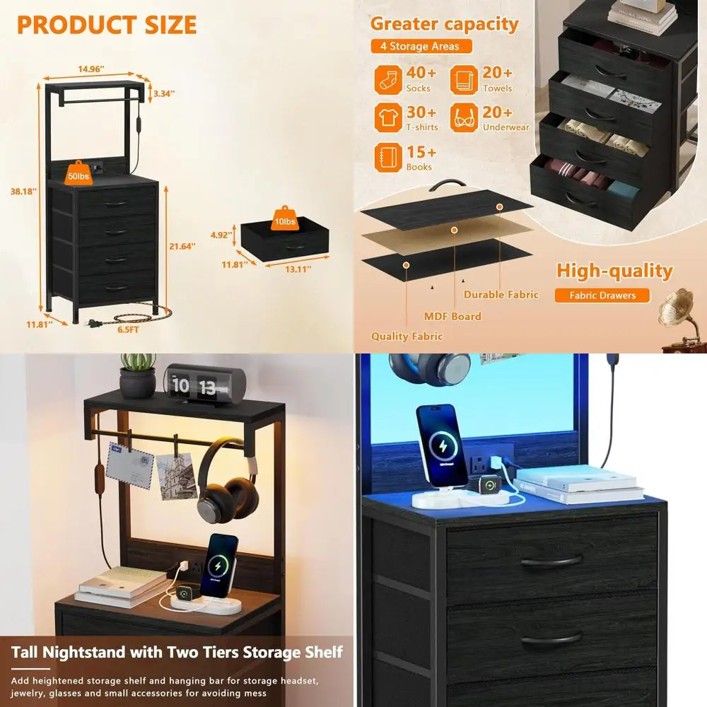 Современная зарядная станция, тумбочка со светодиодной подсветкой, полками для хранения и 4 тканевыми ящиками с отделкой из черного дуба
Современная зарядная станция, тумбочка со светодиодной подсветкой, полками для хранения и 4 тканевыми ящиками с отделкой из черного дуба