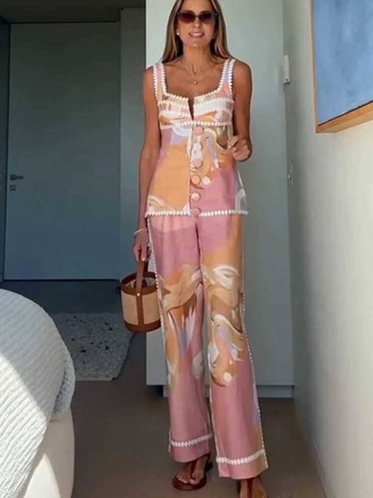 Pink Print Vestido Pants 2-piece Set Square Neck Sleeveless Single Breasted Skinny Tops Wide Leg Trousers New Chic Lady Outfits
Pink Print Vestido Pants 2-piece Set Square Neck Sleeveless Single Breasted Skinny Tops Wide Leg Trousers New Chic Lady Outfits