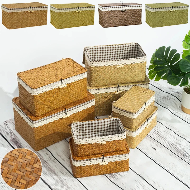 Large capacity straw weaving Storage Box makeup gift organizer box Long square black buckle with flat cover Desktop Organizer
Large capacity straw weaving Storage Box makeup gift organizer box Long square black buckle with flat cover Desktop Organizer