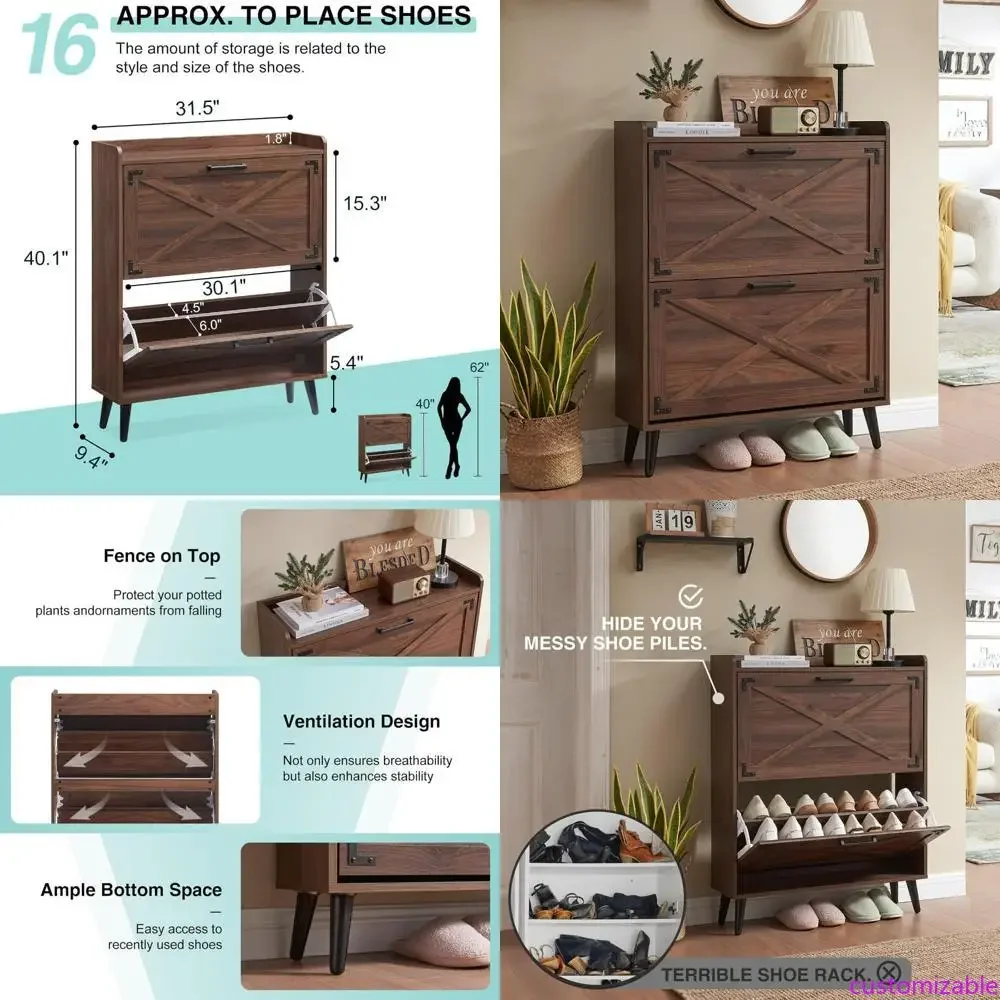 Freestanding Farmhouse Style Shoe Cabinet with Double Drawers and Barn Door for Slim Spaces
Freestanding Farmhouse Style Shoe Cabinet with Double Drawers and Barn Door for Slim Spaces