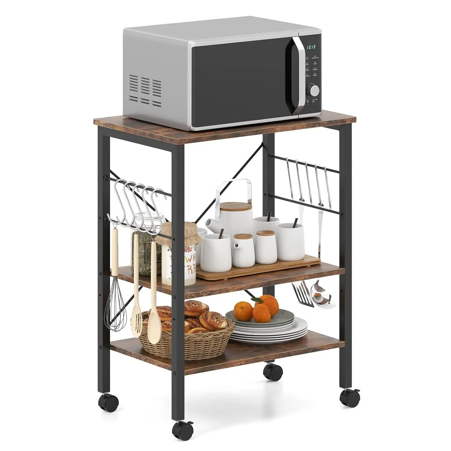 Мобильная сервировочная тележка для кухни, 3-х уровневая подставка для микроволновой печи с регулируемыми полками и 10 съемными крючками, кофейная ба
Мобильная сервировочная тележка для кухни, 3-х уровневая подставка для микроволновой печи с регулируемыми полками и 10 съемными крючками, кофейная ба