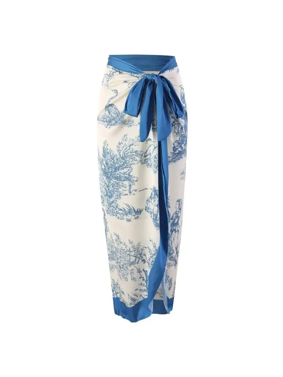 Vintage French Toile Print Wrap Skirt Swimsuit With Blue Sash Belt
Vintage French Toile Print Wrap Skirt Swimsuit With Blue Sash Belt