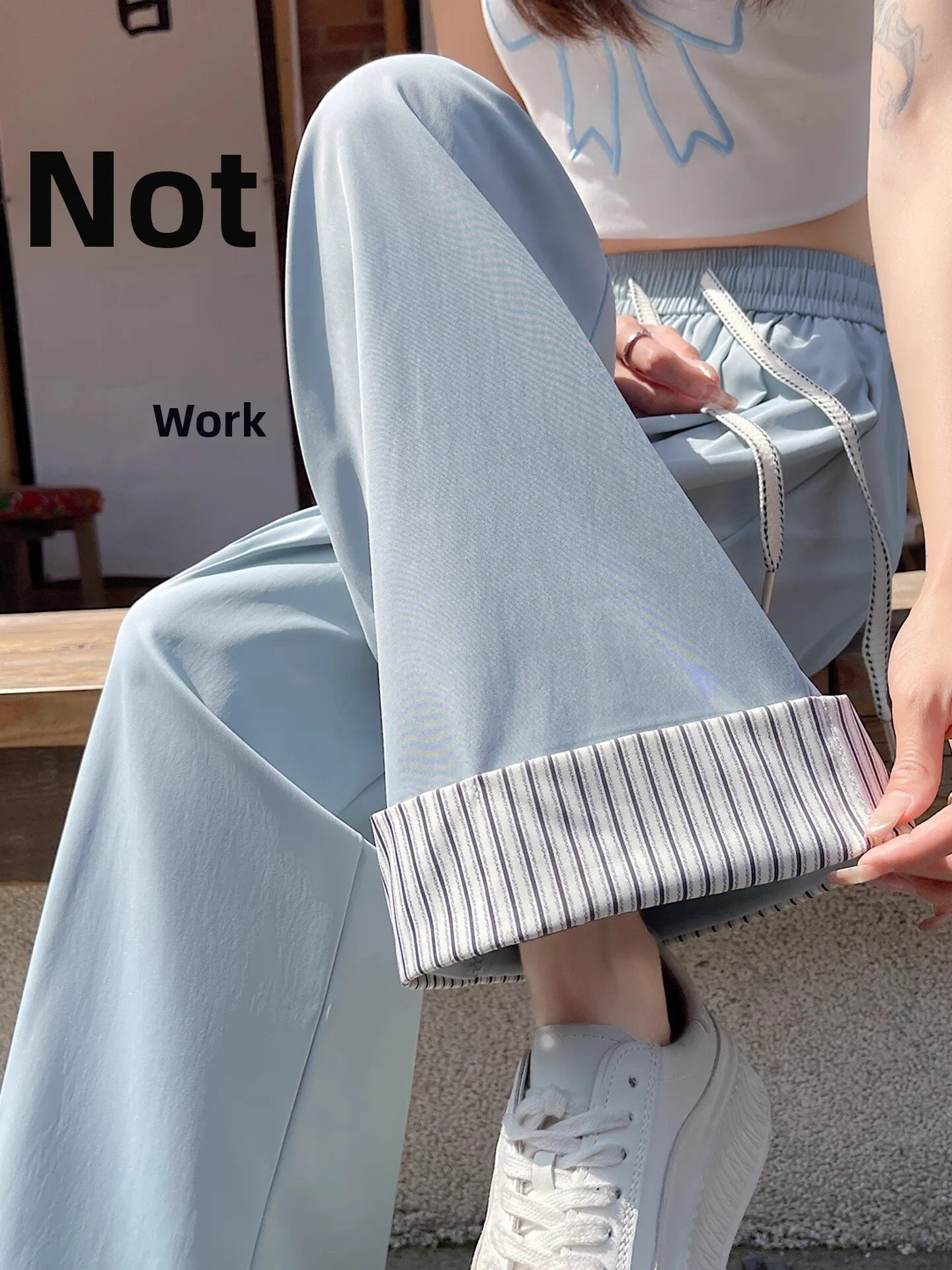 Ice Silk Wide Leg Pants High Waist Nine Points Summer Thin Loose Women's Loose Fit Trousers with Stripe Splicing Straight Leg
Ice Silk Wide Leg Pants High Waist Nine Points Summer Thin Loose Women's Loose Fit Trousers with Stripe Splicing Straight Leg