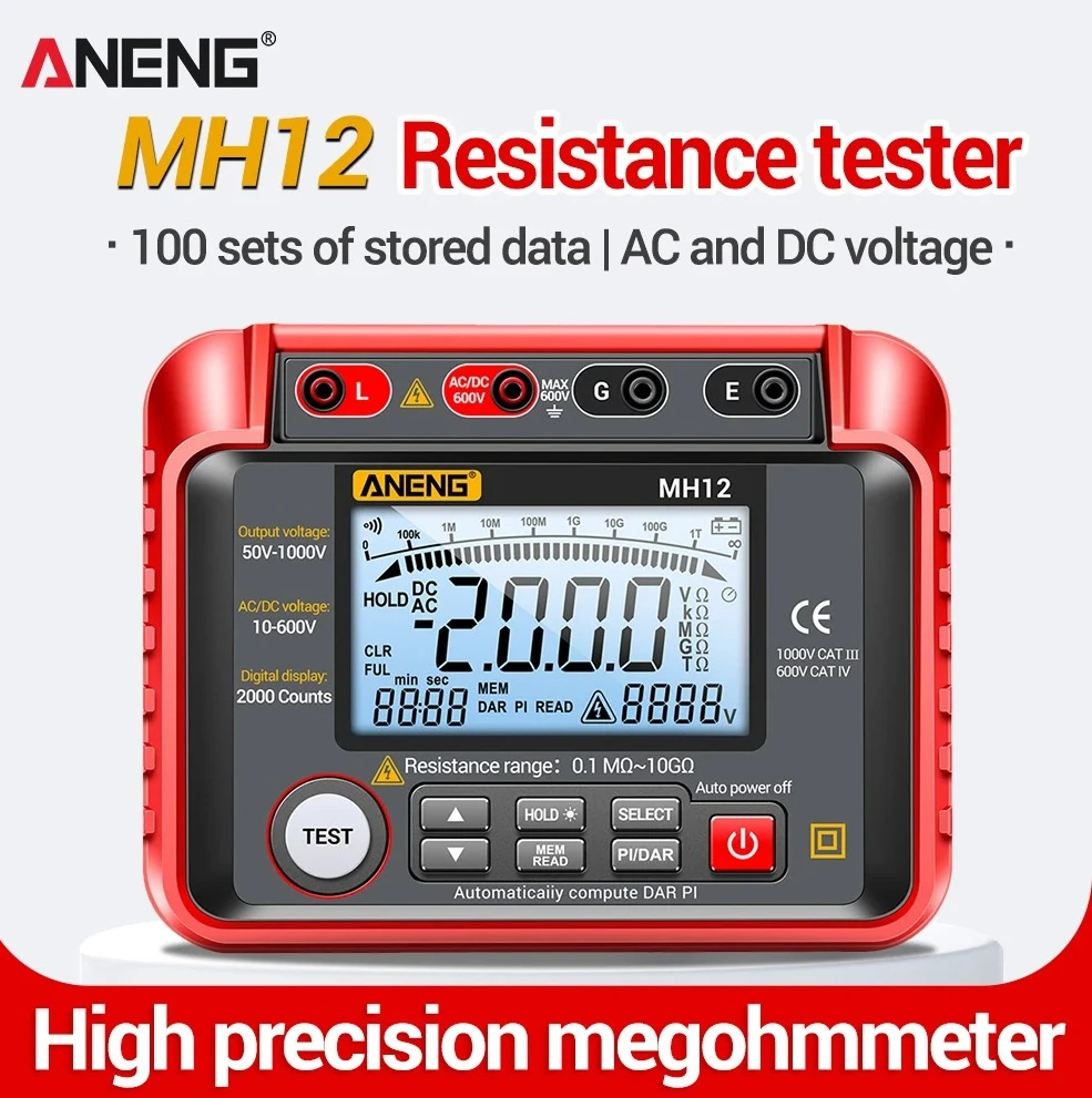 ANENG MH12 Digital Insulation Megohmmeter 1000V Earth Ground Resistance Meter High Voltage Tester Ohmmeter Voltmeter Test Tools
ANENG MH12 Digital Insulation Megohmmeter 1000V Earth Ground Resistance Meter High Voltage Tester Ohmmeter Voltmeter Test Tools