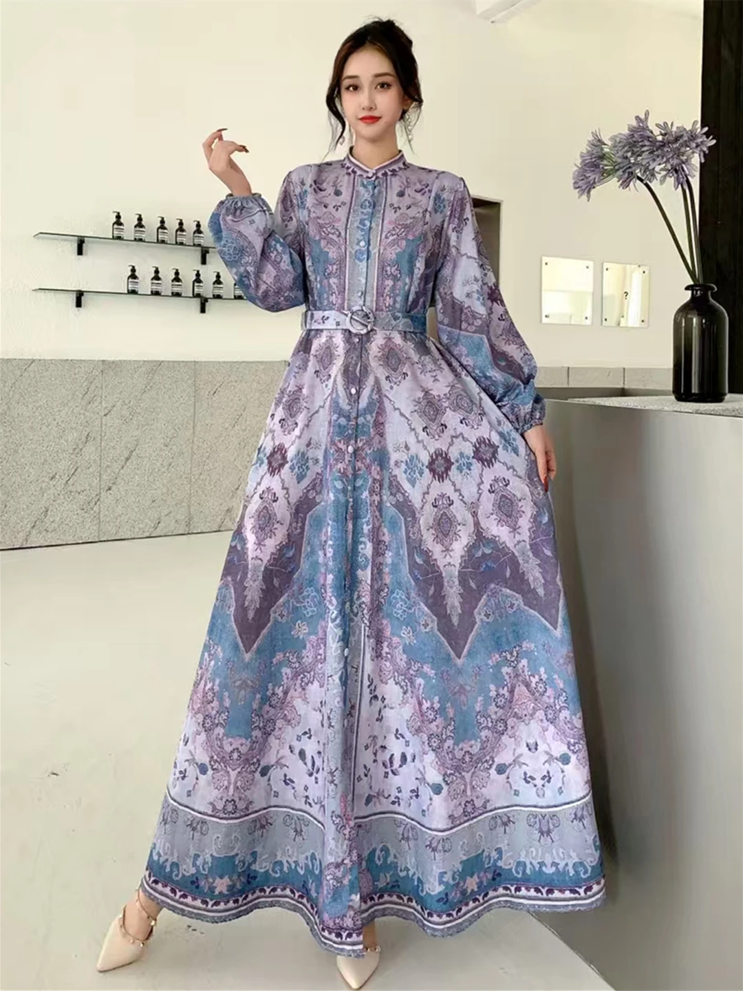 New Spring Autumn Women Long Sleeve Belt Slim Maxi Dress High Quality Elegant Contrast Color Retro Print Big Hem Evening Dress
New Spring Autumn Women Long Sleeve Belt Slim Maxi Dress High Quality Elegant Contrast Color Retro Print Big Hem Evening Dress