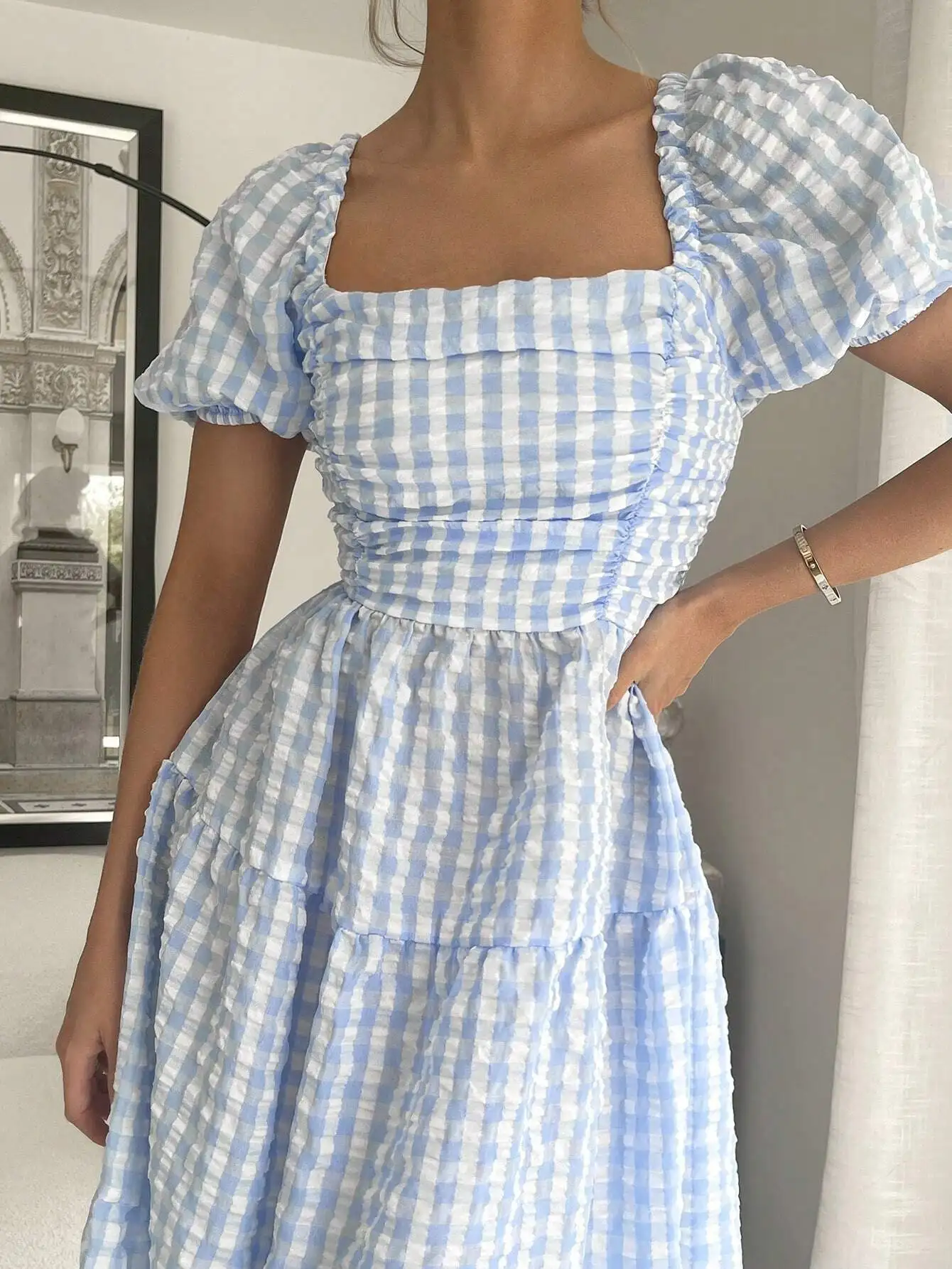 Blue and White Gingham Puff Sleeve Square Neck Midi Dress
Blue and White Gingham Puff Sleeve Square Neck Midi Dress