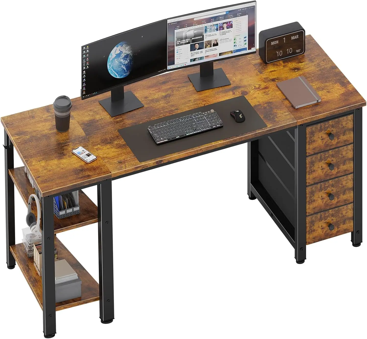 55 inch Computer Desk with 4 Fabric Drawers & Storage Shelves, Writing Work Study Desk for Home Office Bedroom, Rustic Brown
55 inch Computer Desk with 4 Fabric Drawers & Storage Shelves, Writing Work Study Desk for Home Office Bedroom, Rustic Brown