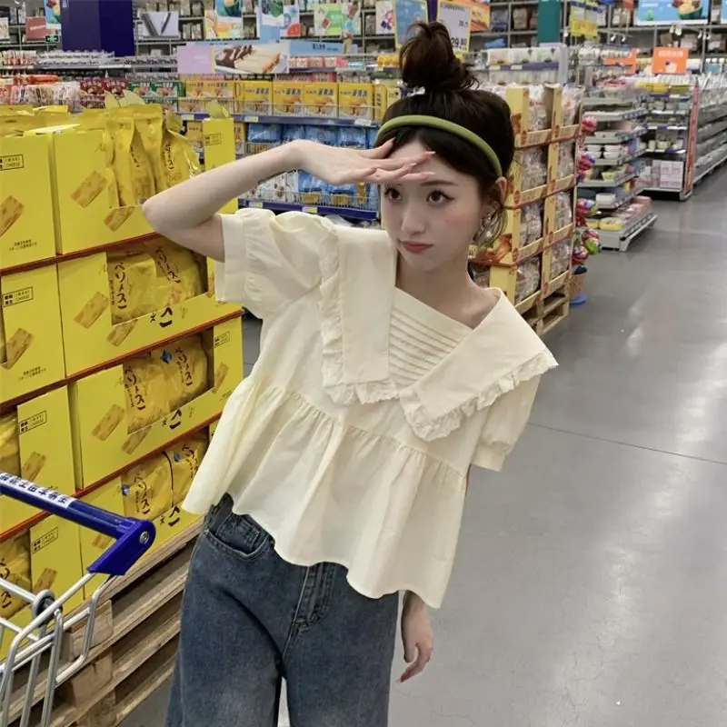 Абрикосовая Camisa с коротким рукавом, свободные рубашки с воротником Питера Пэна, милые рубашки в консервативном стиле, женские шикарные сорочки Y2k, женские корейские летние
Абрикосовая Camisa с коротким рукавом, свободные рубашки с воротником Питера Пэна, милые рубашки в консервативном стиле, женские шикарные сорочки Y2k, женские корейские летние