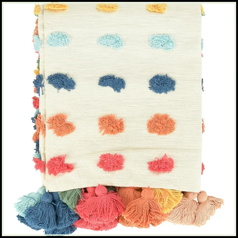 Soft Woven Cotton Throw with Tufted Dots and Tassels, Multicolor
Soft Woven Cotton Throw with Tufted Dots and Tassels, Multicolor