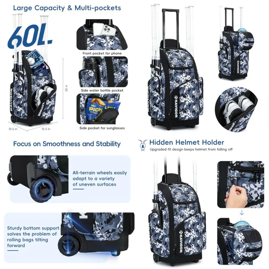 Rolling Baseball Bag with Wheels, 60L Capacity Softball Bag Holds 4 Bats for Boys and Girls, Youth Equipment Bag with Shoe Comp
Rolling Baseball Bag with Wheels, 60L Capacity Softball Bag Holds 4 Bats for Boys and Girls, Youth Equipment Bag with Shoe Comp