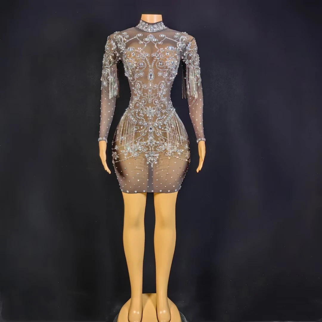 Women's Shining Rhinestones Tassel Dance Costume Sexy Mesh See Through Crystal Dress Gloves Singer Dancer Stage Wear Club Outfit
Women's Shining Rhinestones Tassel Dance Costume Sexy Mesh See Through Crystal Dress Gloves Singer Dancer Stage Wear Club Outfit