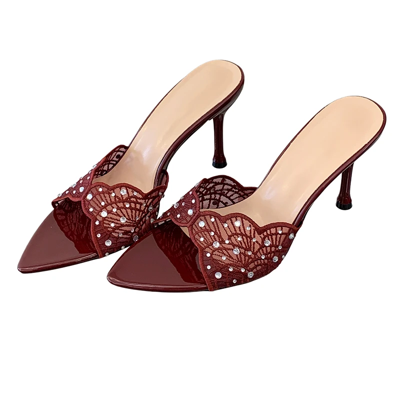 Burgundy Sandals Women High Heels Slippers Lace Rhinestones Pointed Toe Summer Shoes 6cm Stiletto Heels Black Sandals
Burgundy Sandals Women High Heels Slippers Lace Rhinestones Pointed Toe Summer Shoes 6cm Stiletto Heels Black Sandals