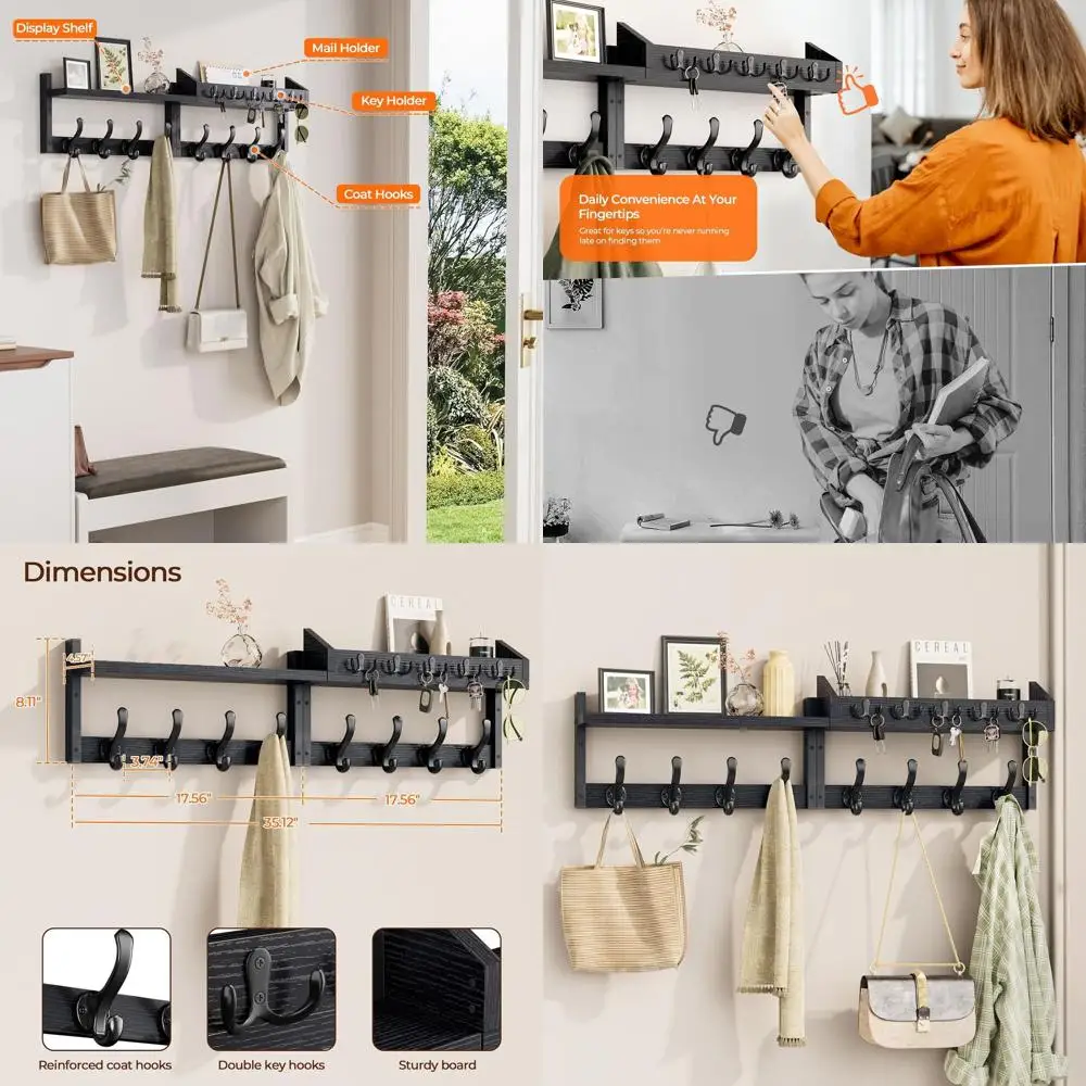 Настенная вешалка для одежды 35 дюймов с полкой, 13 крючками и держателем для ключей и почты для прихожей, черная
Настенная вешалка для одежды 35 дюймов с полкой, 13 крючками и держателем для ключей и почты для прихожей, черная