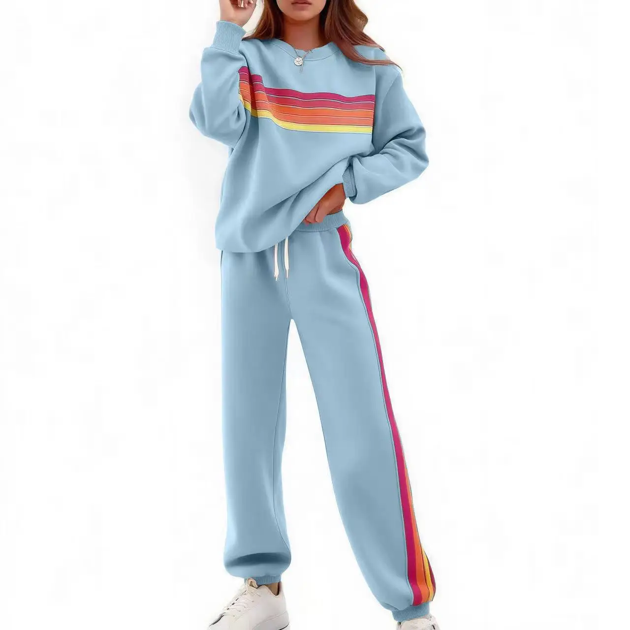 2025 New Women's Autumn/Winter Collection Women's Round Neck Loose Color Striped Elastic Waist Pants Hoodie Set
2025 New Women's Autumn/Winter Collection Women's Round Neck Loose Color Striped Elastic Waist Pants Hoodie Set
