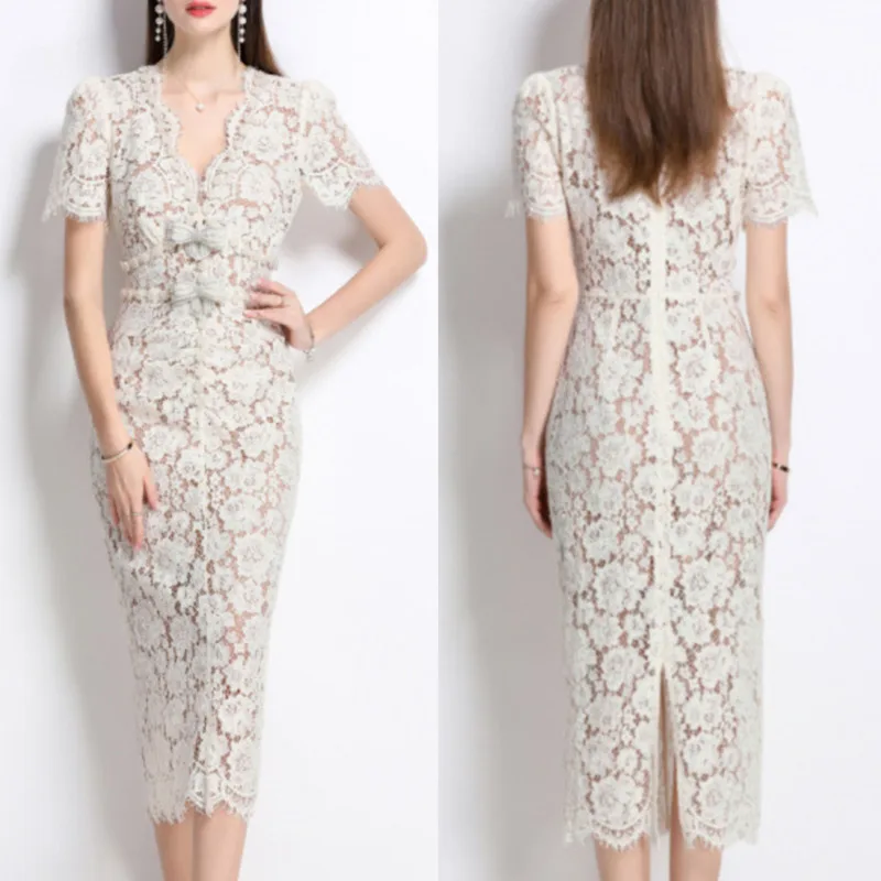 Bow Embroidery Dresses Women French Lace Flower Nail Bead Hollow Out Luxury Socialite V-neck Short Sleeve Elegant Evening Dress
Bow Embroidery Dresses Women French Lace Flower Nail Bead Hollow Out Luxury Socialite V-neck Short Sleeve Elegant Evening Dress