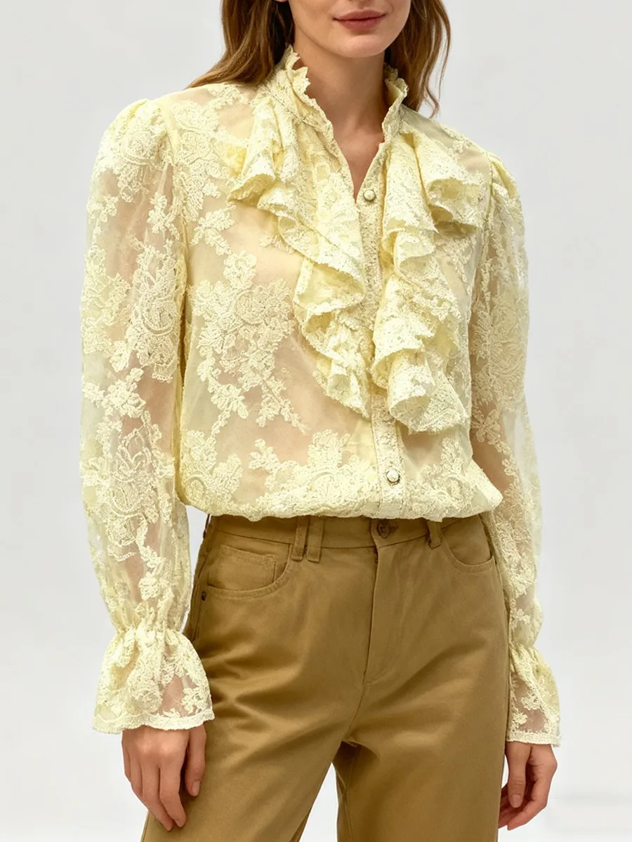 Lace Ruffle Embroidery Elegant Shirts for Women Korean Style High Neck Lantern Sleeve Blouse Lady Loose Designer Tops Blusas
Lace Ruffle Embroidery Elegant Shirts for Women Korean Style High Neck Lantern Sleeve Blouse Lady Loose Designer Tops Blusas