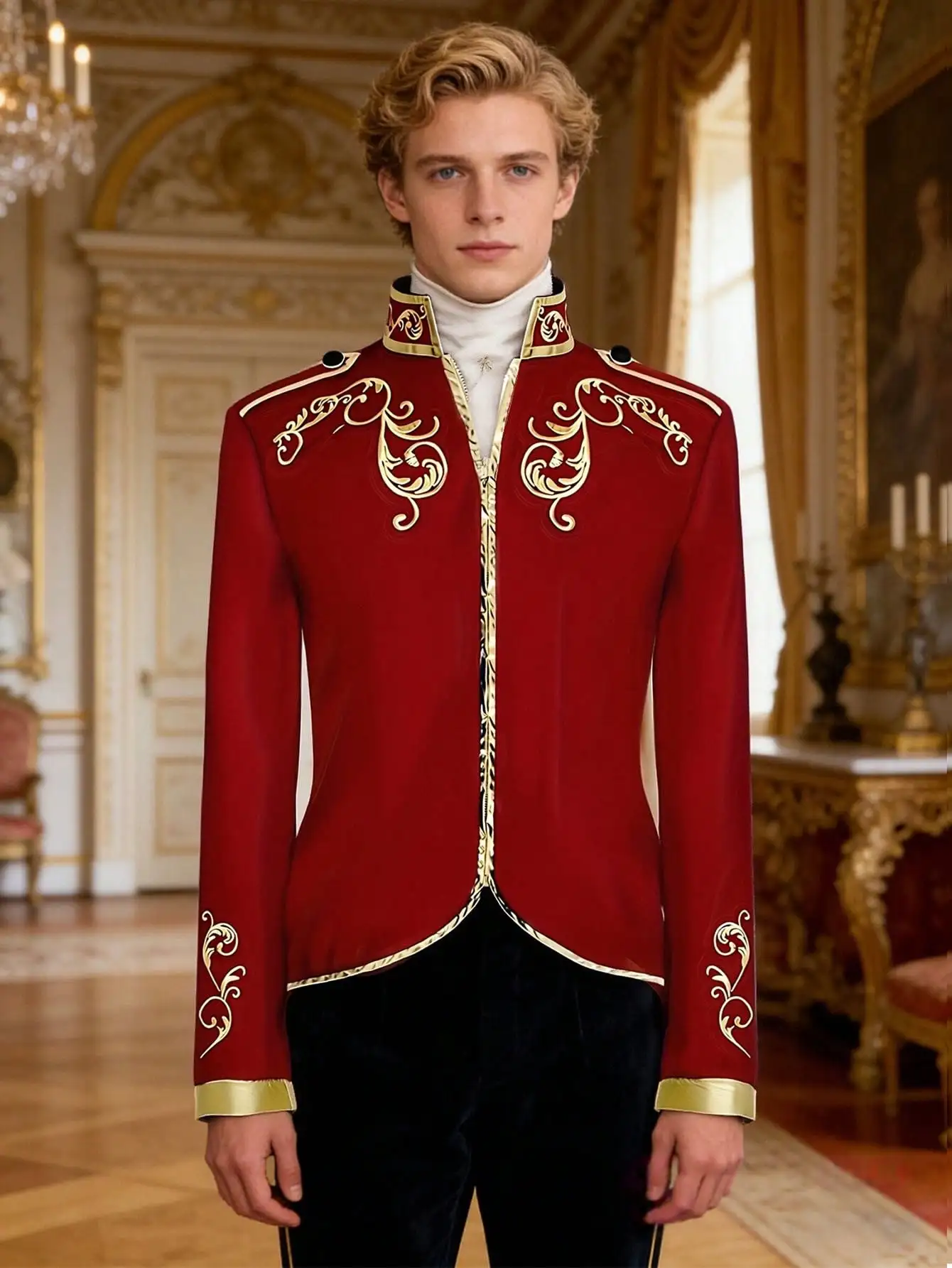 Men's Victorian Prince Palace Jacket Gold Embroidery Stand Collar Royal Military Tuxedo Coat Party Stage Performance Costume
Men's Victorian Prince Palace Jacket Gold Embroidery Stand Collar Royal Military Tuxedo Coat Party Stage Performance Costume
