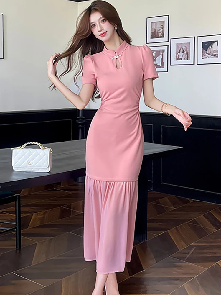 Новинка 2024 года, розовое платье с короткими рукавами и воротником-стойкой, женское модное лоскутное сетчатое длинное платье с рюшами, летнее корейское элегантное платье, Vestidos
Новинка 2024 года, розовое платье с короткими рукавами и воротником-стойкой, женское модное лоскутное сетчатое длинное платье с рюшами, летнее корейское элегантное платье, Vestidos