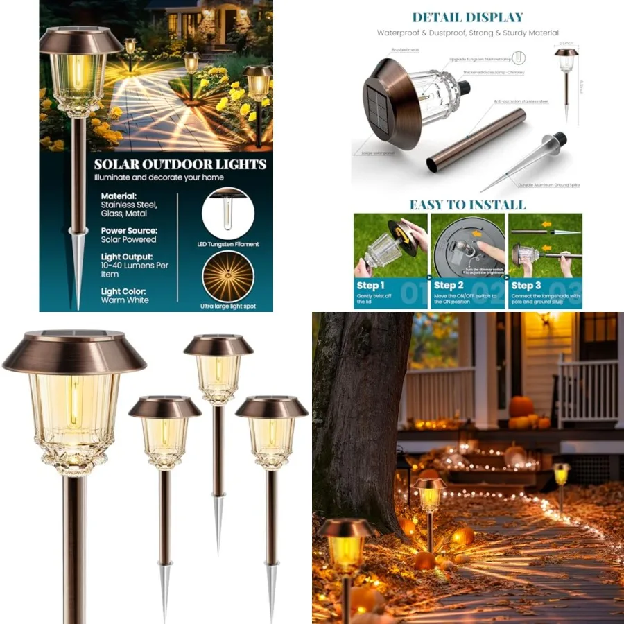 Solar Lights Outdoor Waterproof, Bronze Pathway Lights with 10-0 LM Dimmable Glass and Metal, Solar Powered Garden Fall Decor f
Solar Lights Outdoor Waterproof, Bronze Pathway Lights with 10-0 LM Dimmable Glass and Metal, Solar Powered Garden Fall Decor f