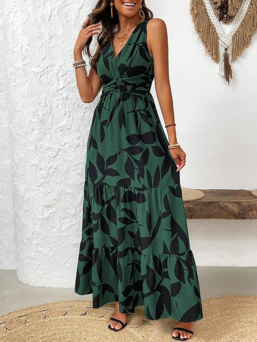 Women V-Neck Sleeveless Leaf Print Ruffled Tiered Maxi Dress For Summer Beach Vacation
Women V-Neck Sleeveless Leaf Print Ruffled Tiered Maxi Dress For Summer Beach Vacation