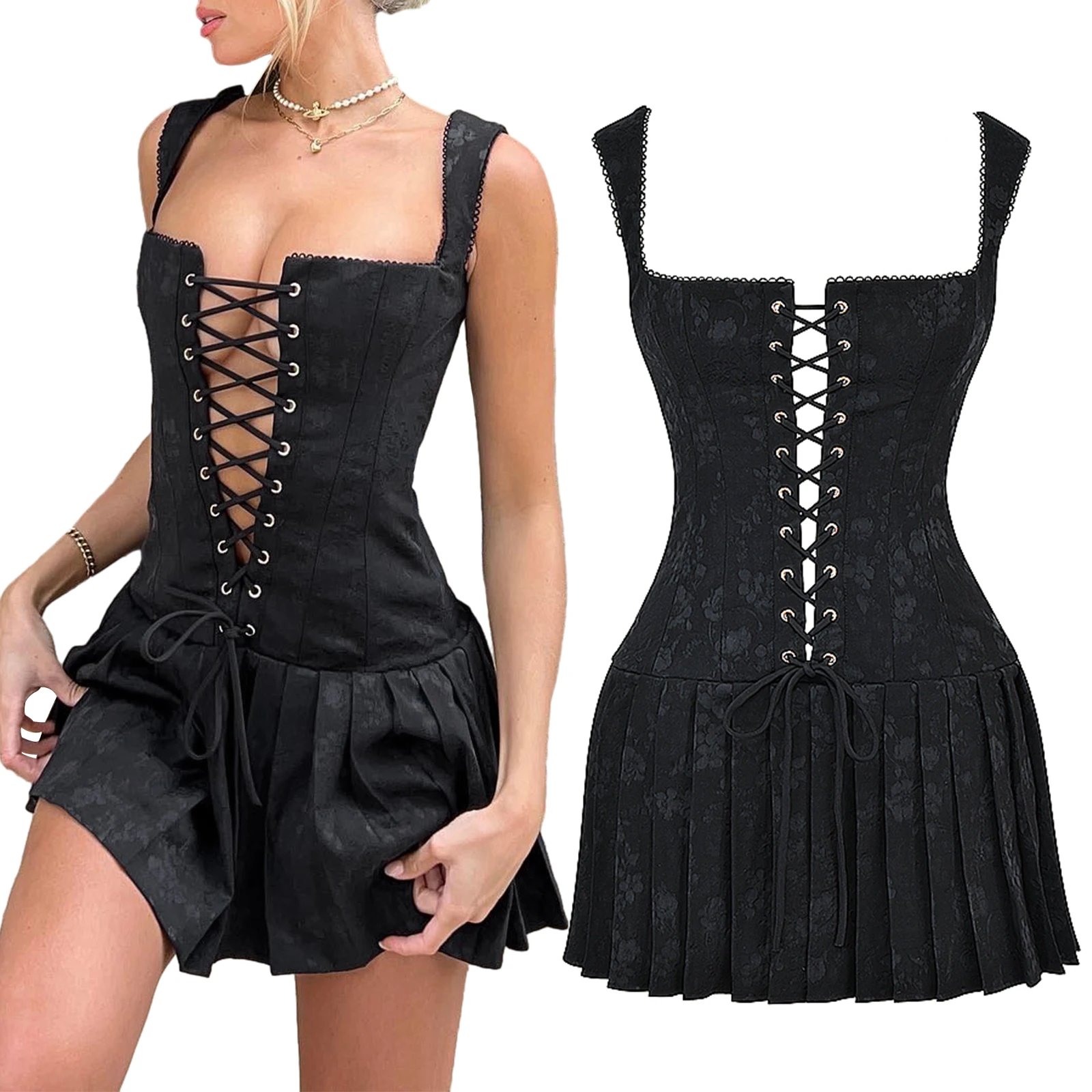 Summer Women's Sexy Low Square Neck Drawstring Dress Sleeveless Mini Slim A-line Tie-up Front Jacquard Pleated Short Dresses
Summer Women's Sexy Low Square Neck Drawstring Dress Sleeveless Mini Slim A-line Tie-up Front Jacquard Pleated Short Dresses