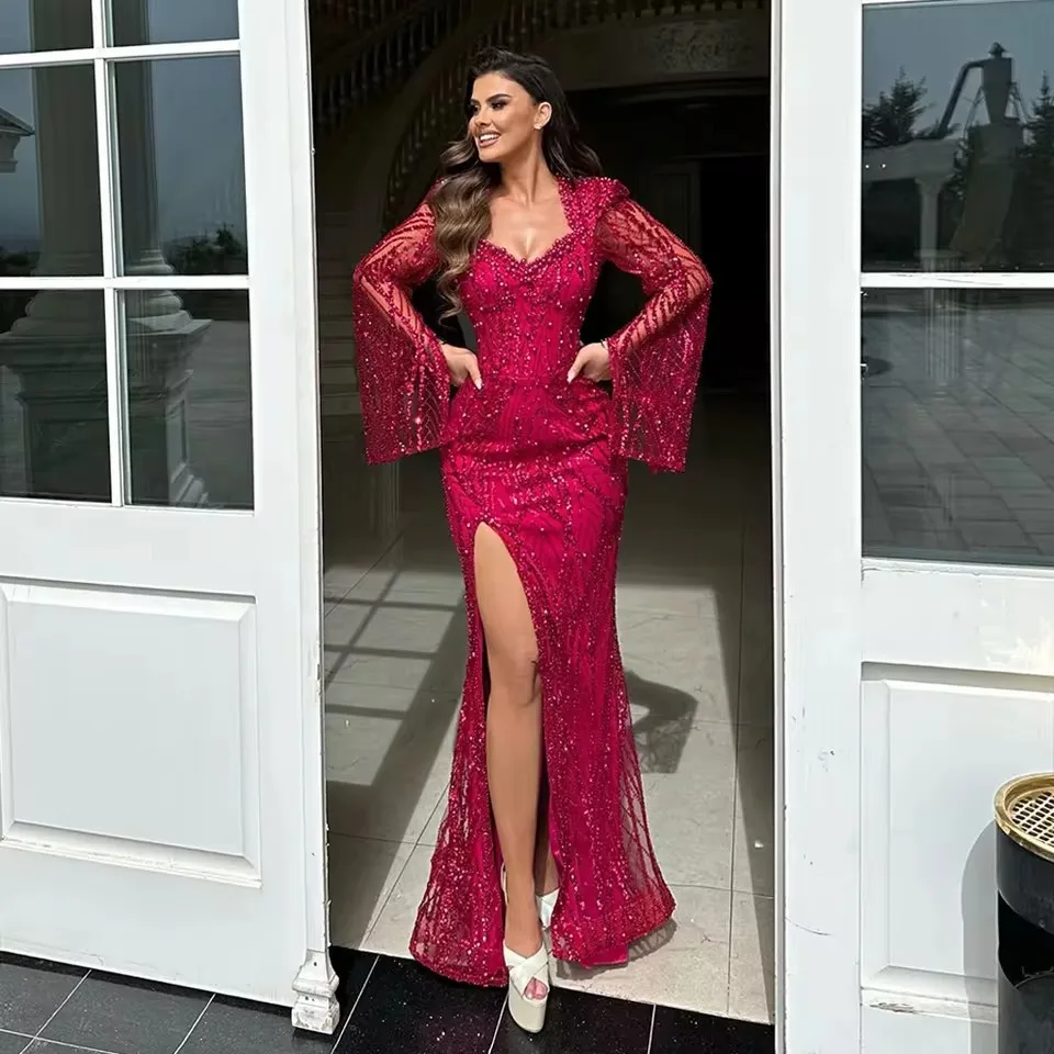 Gorgeous Burgundy Evening Dresses Flare Long Sleeves Split Front Women Formal Met Gala Prom Gowns Vestido De Noche Customized
Gorgeous Burgundy Evening Dresses Flare Long Sleeves Split Front Women Formal Met Gala Prom Gowns Vestido De Noche Customized