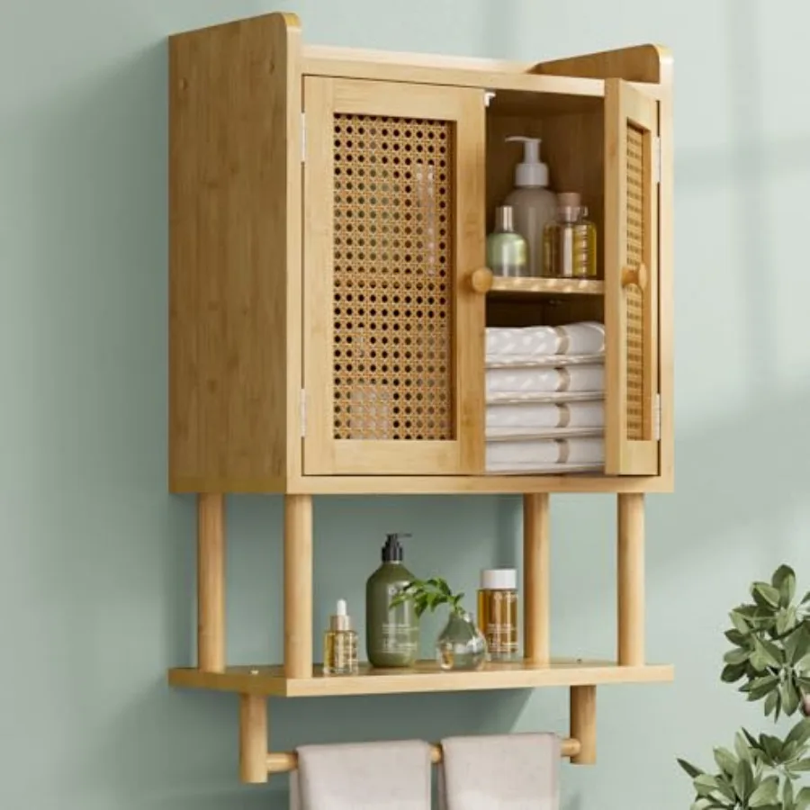 Bathroom Wall Cabinets, Bamboo Medicine Cabinet with Rattan Door, Over The Toilet Storage Cabinet with Towel Bar, Wall Mounted
Bathroom Wall Cabinets, Bamboo Medicine Cabinet with Rattan Door, Over The Toilet Storage Cabinet with Towel Bar, Wall Mounted