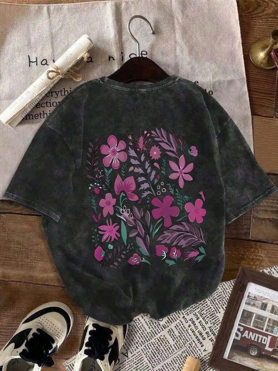 Plus Size Womens Washed Cotton T-Shirt With Floral Print, Loose Fit Crew Neck Short Sleeve Top For Summer
Plus Size Womens Washed Cotton T-Shirt With Floral Print, Loose Fit Crew Neck Short Sleeve Top For Summer