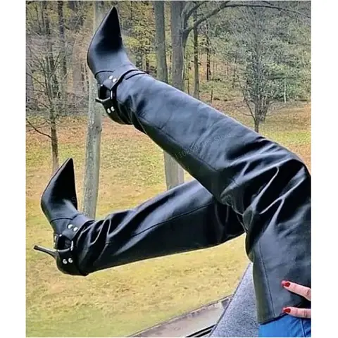 Black Round Ring Rivets Decor Over the Knee Boots Pointed Toe Stiletto High Heel Fashion Women Shoes 2024 Zapatos Para Mujere