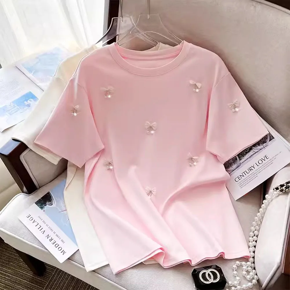 Sweet Pink Short Sleeve T-shirt for Women's Summer Chic Bow Prarl Loose Tees Ladies Cute Solid Color Tops Casual Female Clothes
Sweet Pink Short Sleeve T-shirt for Women's Summer Chic Bow Prarl Loose Tees Ladies Cute Solid Color Tops Casual Female Clothes