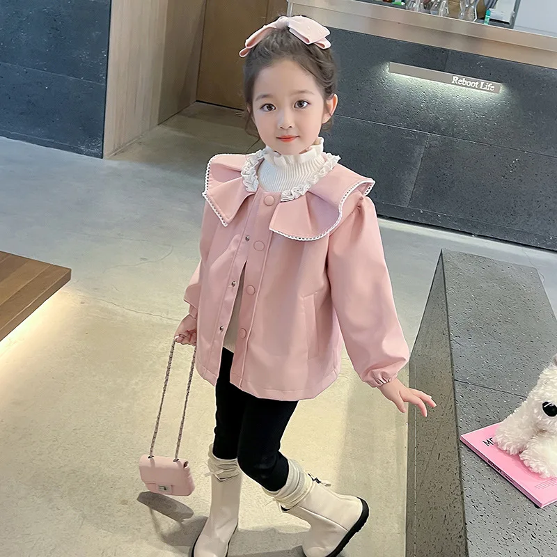 Girls Jiashuang Lace Leather Jacket 2025 Autumn New Children's Korean Version Fashion Short Trench Coat Girls Top 
Girls Jiashuang Lace Leather Jacket 2025 Autumn New Children's Korean Version Fashion Short Trench Coat Girls Top