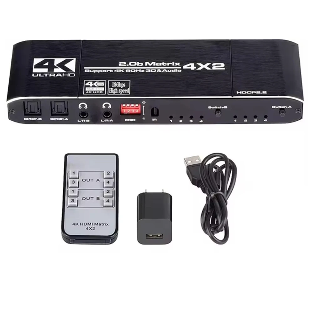 A55T - Совместимый с 4K@60Hz EDID матричный коммутатор-сплиттер 4x2 с двойным аудиоразделителем и экстрактором, с управлением, 4 входа, 2 выхода, вилка стандарта США
A55T - Совместимый с 4K@60Hz EDID матричный коммутатор-сплиттер 4x2 с двойным аудиоразделителем и экстрактором, с управлением, 4 входа, 2 выхода, вилка стандарта США