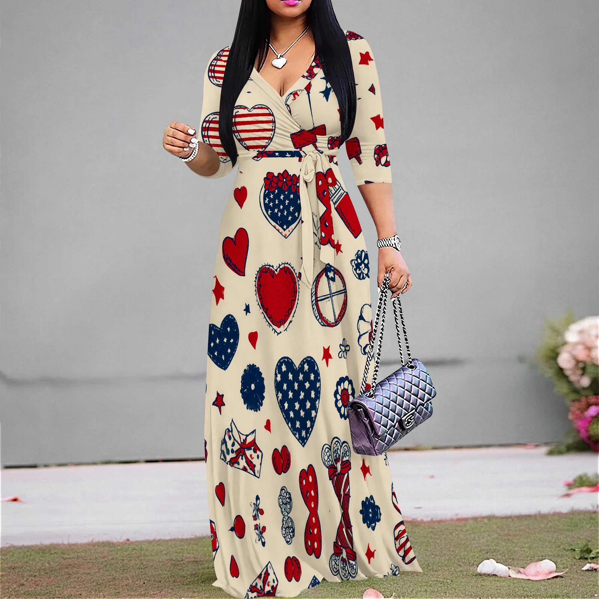 American Flag Print Wrap Maxi Dress XS-3XL V-Neck Tie Waist 3/4 Sleeve for 4th of July Memorial Day or Summer BBQ Party
American Flag Print Wrap Maxi Dress XS-3XL V-Neck Tie Waist 3/4 Sleeve for 4th of July Memorial Day or Summer BBQ Party