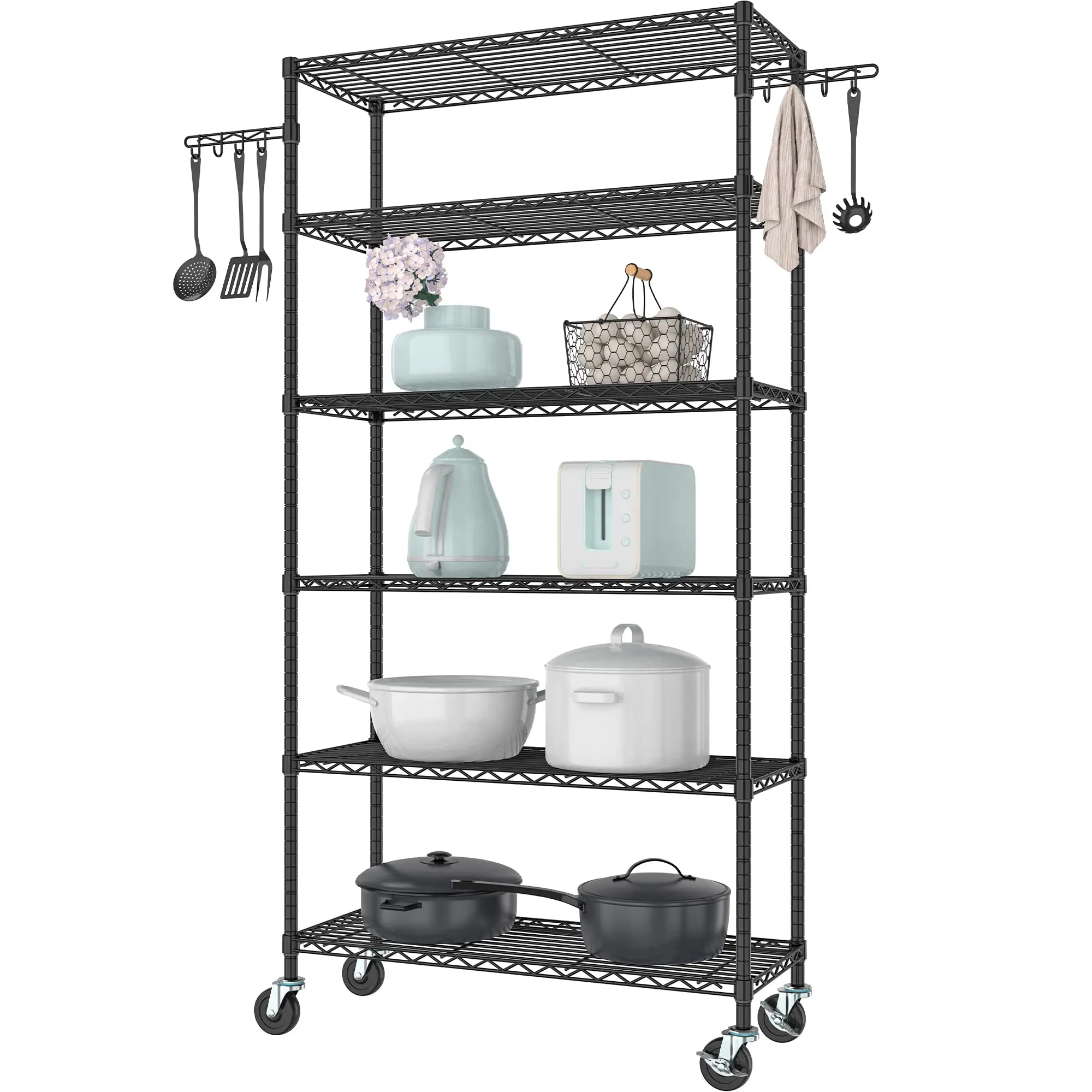 Black 6-Tier Adjustable Wire Shelving Unit With Casters, 36x14x75 Inches, Heavy-Duty Rolling Storage Rack For Kitchen, Garage,
Black 6-Tier Adjustable Wire Shelving Unit With Casters, 36x14x75 Inches, Heavy-Duty Rolling Storage Rack For Kitchen, Garage,