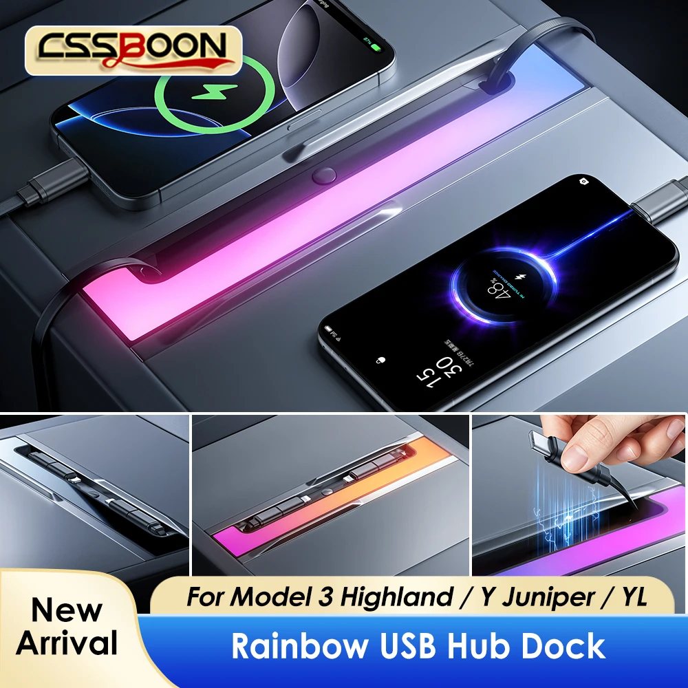 RGB Ambient Light USB Hub for Tesla Model 3 Y Juniper 2025 2026 60W Fast Charging Center Console Docking Station Accessories
RGB Ambient Light USB Hub for Tesla Model 3 Y Juniper 2025 2026 60W Fast Charging Center Console Docking Station Accessories