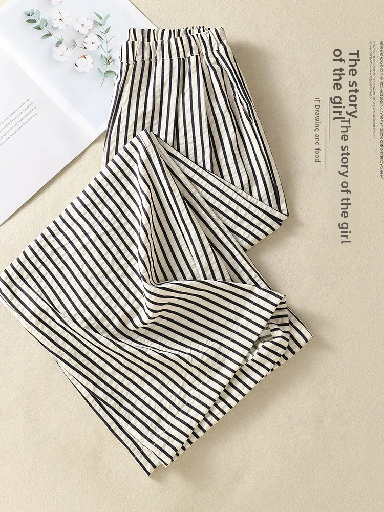 Summer Thin Wide Leg Floor Length Pants Artistic Design Bubble Cotton Striped Trousers High Waist Straight Cut plus Size
Summer Thin Wide Leg Floor Length Pants Artistic Design Bubble Cotton Striped Trousers High Waist Straight Cut plus Size
