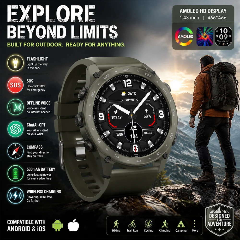 5ATM Waterproof 1.43 AMOLED Sports Smart Watch featuring Smart Voice Assistant LED Light Compass and Barometer for Outdoor Use
5ATM Waterproof 1.43 AMOLED Sports Smart Watch featuring Smart Voice Assistant LED Light Compass and Barometer for Outdoor Use