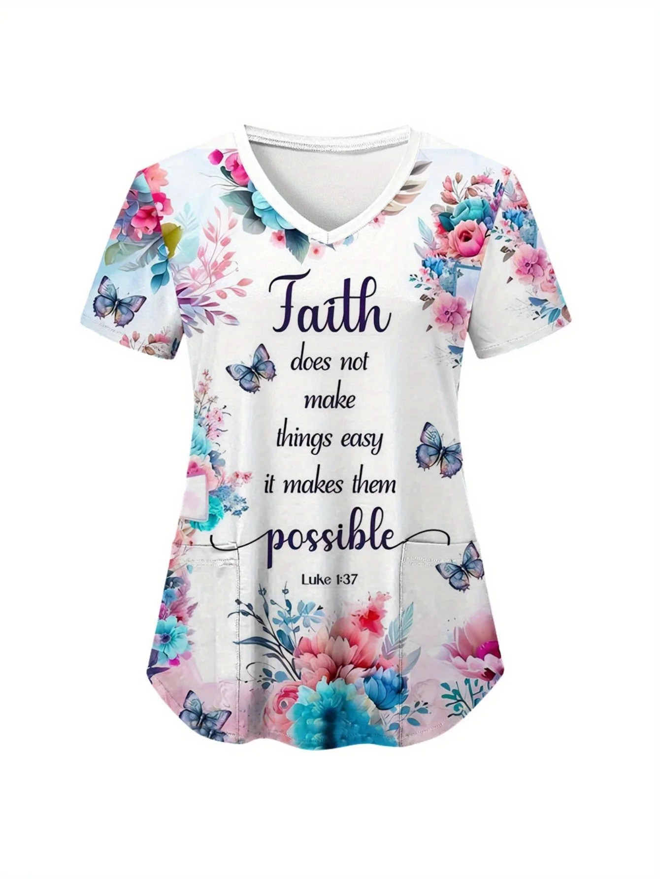Женский матовый топ с вдохновляющим цветочным принтом Faith — униформа медсестры с v-образным вырезом, короткими рукавами и карманами, можно стирать в машине
Женский матовый топ с вдохновляющим цветочным принтом Faith — униформа медсестры с v-образным вырезом, короткими рукавами и карманами, можно стирать в машине