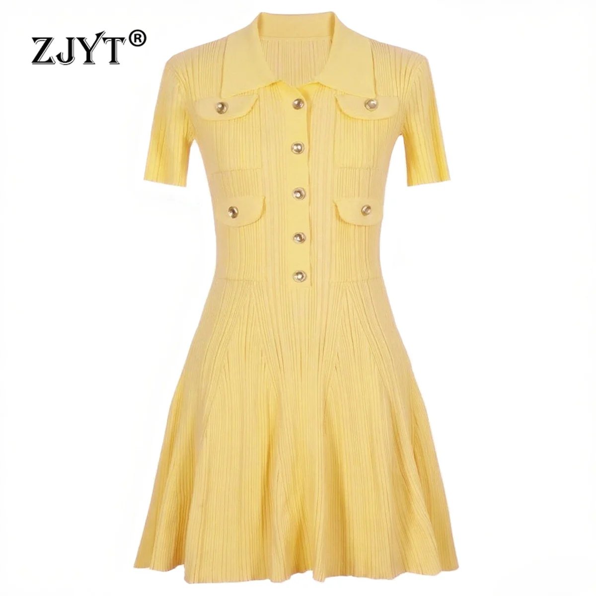 ZJYT Europe Fashion Summer Knitting Dresses for Women 2025 New Elegant Turn Down Collar Yellow Casual Party Dress Female Sweater
ZJYT Europe Fashion Summer Knitting Dresses for Women 2025 New Elegant Turn Down Collar Yellow Casual Party Dress Female Sweater