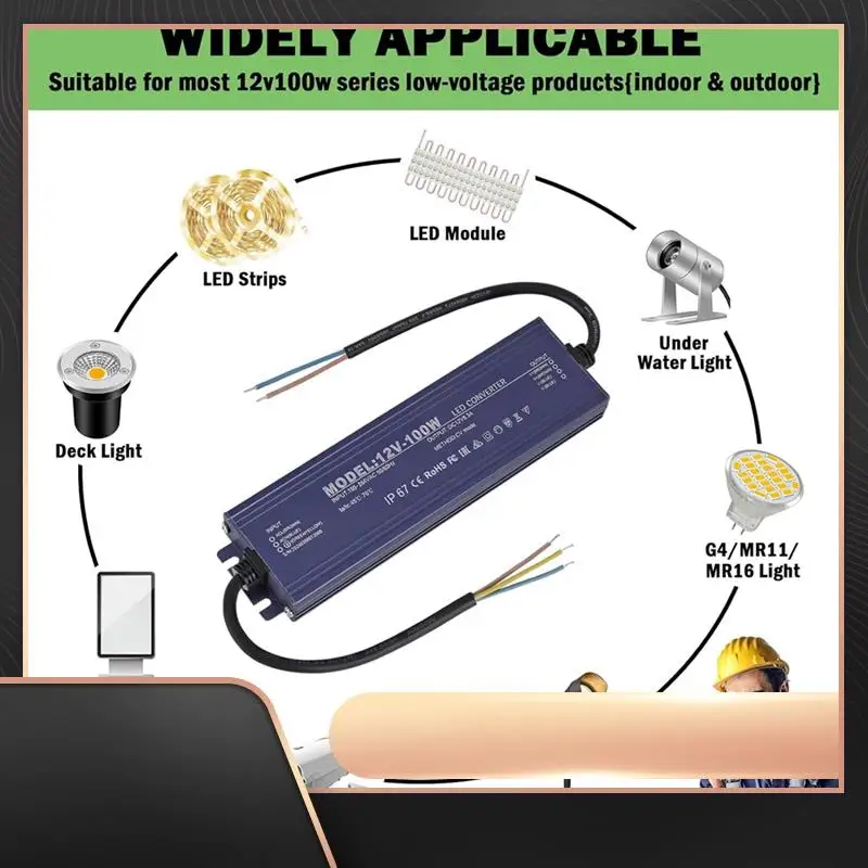 12V LED Driver IP67 Waterproof 12V 100W Power Supply Transformer 100-264V AC To 12Volt DC Low Voltage Output,For Light
12V LED Driver IP67 Waterproof 12V 100W Power Supply Transformer 100-264V AC To 12Volt DC Low Voltage Output,For Light